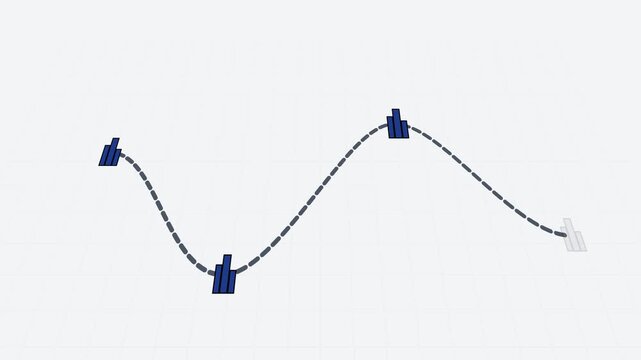 Animated bar chart visualization displaying fluctuating financial data points along a dotted path in this digital motion clip for business
