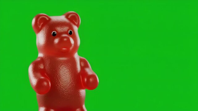 Red gummy bears dancing in sequence against a green screen for animation