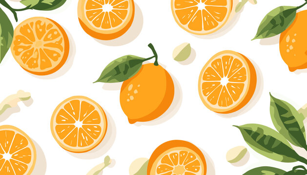 Seamless pattern with fresh citrus oranges and green leaves on a white background.