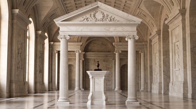 Majestic ancient Greek temple interior with imposing marble columns, intricate pediment, and a central pedestal, showcasing classical architecture and grand design.