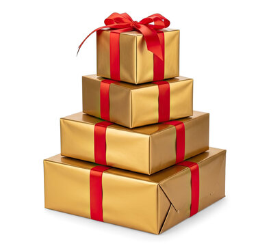 A stack of four golden gift boxes is arranged in a pyramid shape. Each box is wrapped in red ribbon and tied with a bow.