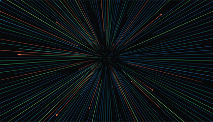 Obraz premium Futuristic starburst effect with multicolored lines and arrows radiating outward from the center on black background.