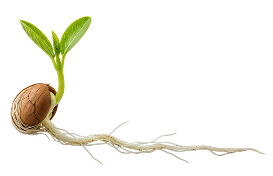 A young cashew seedling emerges from a cracked cashew nut. The seedling has two small green leaves and delicate roots extending downwards.
