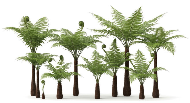 A collection of stylized fern trees stands upright on a transparent background. The ferns display varying sizes and stages of growth, with some showing curled fronds and others fully unfurled.