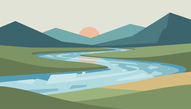 Peacefully flowing river winds through green valleys towards distant mountains at sunset in a stylized landscape.