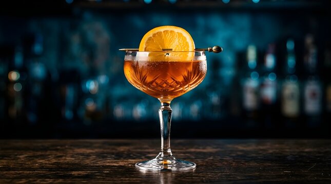 Elegant coupe glass cocktail with orange slice garnish dark bar background sophisticated drink presentation