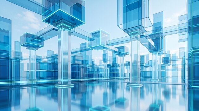 Futuristic Transparent Glass Architecture Background with Blue Geometric Cubes