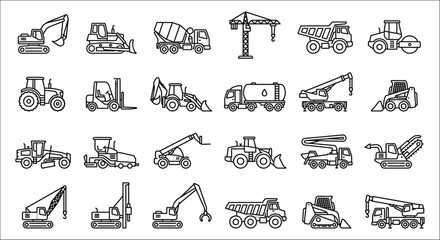 Construction Vehicle Icons Linear Style Set On White Background © Icon Zone