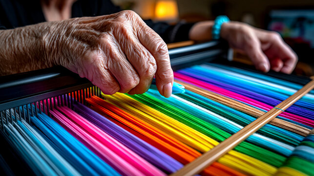 Elderly hand arranging colorful threads in a loom, detail shot