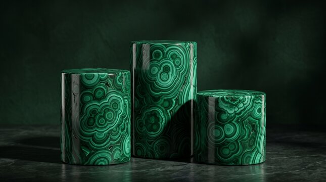 Three glossy green malachite patterned cylinders arranged on a dark surface against a moody green background abstract geometric shapes and textures