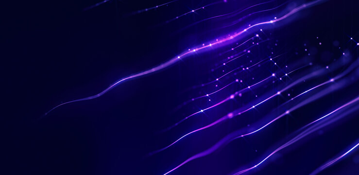 A glowing purple neural network line flows in a dark background