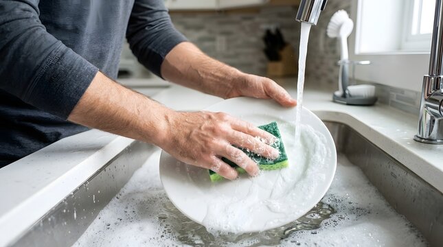 Man washes a white plate using a green scrubbing sponge while water flows from a chrome faucet into a deep kitchen sink.