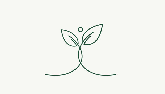 Minimalist line art illustration of a young green sprout with two leaves and a circle symbol on a light background.