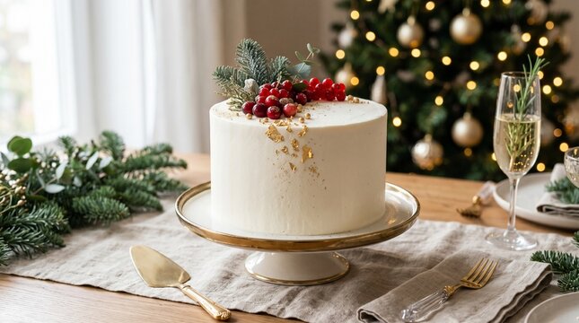 Elegant Christmas Cake with Festive Decorations and Champagne.