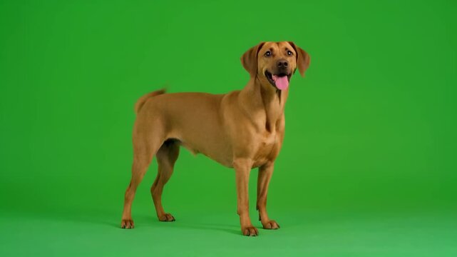 Rhodesian Ridgeback dog standing on green screen with cinematic motion and subtle camera movement