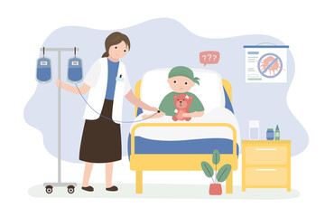 Caring female doctor supports young boy in hospital bed during his chemotherapy treatment, medical care and hope for recovery. Childhood cancer treatment, oncology