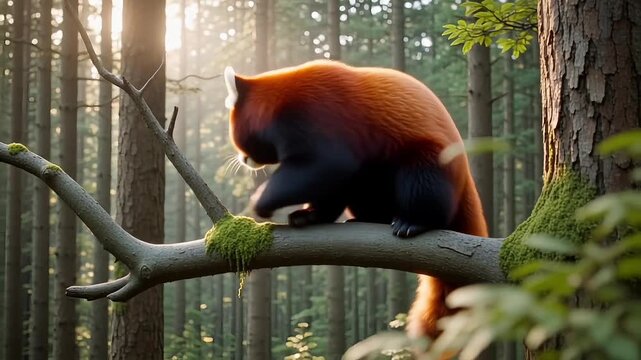 Red panda climbing tree branch in forest habitat. Endangered mammal perched on mossy log in natural wildlife environment.