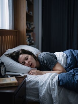 Caucasian woman patient suffering from sleep apnea symptoms while sleeping in bedroom at night. Health disorder and respiratory sleep issues vertical banner