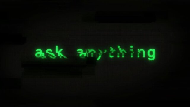 Ask anything service artificial intelligence text typing on display screen. Searching with retro monitor green pixel macro view.