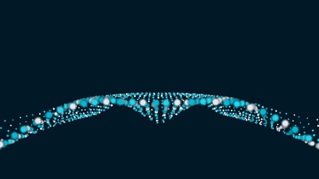 Glowing blue and white particles move in a rhythmic wave pattern across this digital motion graphics video clip animation effect