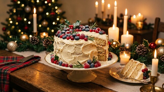 Festive Christmas Cake with Candles and Holiday Decor.