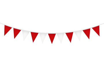 Fototapeta premium Red and white triangular bunting flags hanging for a festive party celebration or grand opening on a transparent background