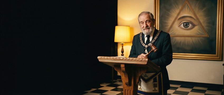 Elderly freemason holding a ceremonial gavel behind a wooden lectern. Interior of a masonic lodge with the eye of providence symbol. Banner with copy space