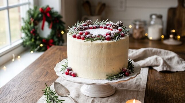 Festive Christmas Cake with Cranberries and Pine Sprigs.
