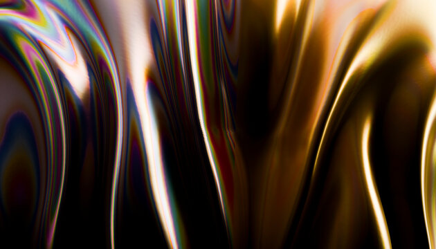 Abstract dark gold fluid shape with iridescent reflective ribbon