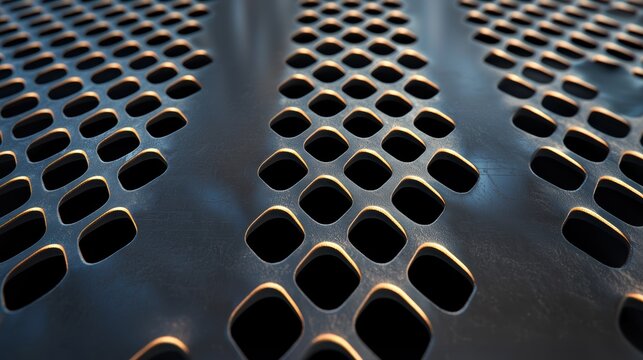 Close-up of a metallic surface with a pattern of diamond-shaped perforations reflecting light.