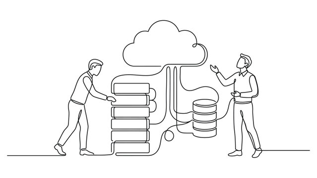 Continuous line drawing of people working with cloud computing and server infrastructure