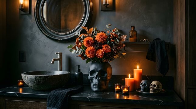 Halloween bathroom decor with skull vase and orange flowers