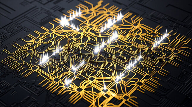 Gold neuromorphic chip array white spike pulse trains asynchronous irregular efficient dark, neuromorphic AI