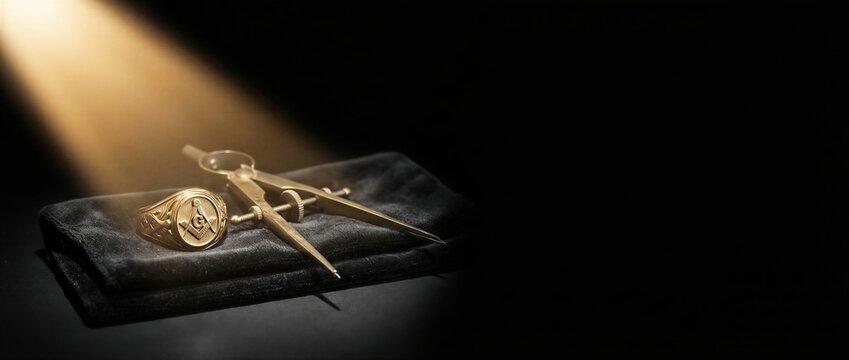 Freemason ring and brass compasses on black velvet fabric. Symbolic masonic tools representing ancient secret society and brotherhood. Banner with copy space