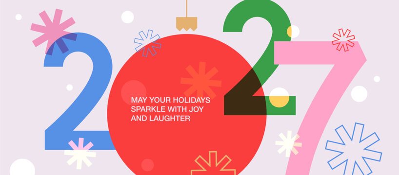 Happy New Year 2027 greeting banner. Trendy modern Xmas design featuring 2027 typography bright overlay numbers, sparkles and snowflakes. Perfect template for greeting card, poster, banner, header, ad