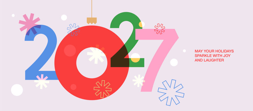 Happy New Year 2027 greeting banner. Trendy modern Xmas design featuring 2027 typography bright overlay numbers, sparkles and snowflakes. Perfect template for greeting card, poster, banner, header, ad
