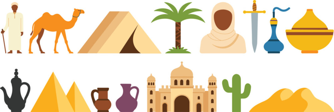Egypt landmark collection, famous cultural architecture and desert symbols for travel illustration vector designs