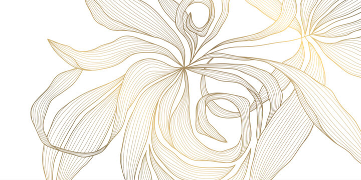 Luxury floral pattern, background with abstract elegant golden line flower, leaves, Japanese art botanical elements, art deco texture. Wedding stationery, wallpaper, tea packaging, spa branding, texti