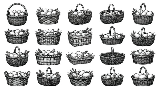 Vintage woodcut Easter egg baskets, set of 20 hand drawn wicker basket icons, rustic farm fresh eggs in woven containers, black and white vector