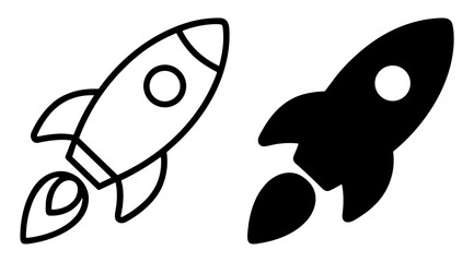Black and white rocket ship icons with flame illustrations in outline and solid style on transparent background © Артур Дацко