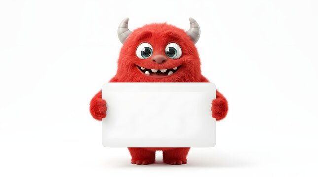 Cute red furry monster holding a blank sign, isolated on white background