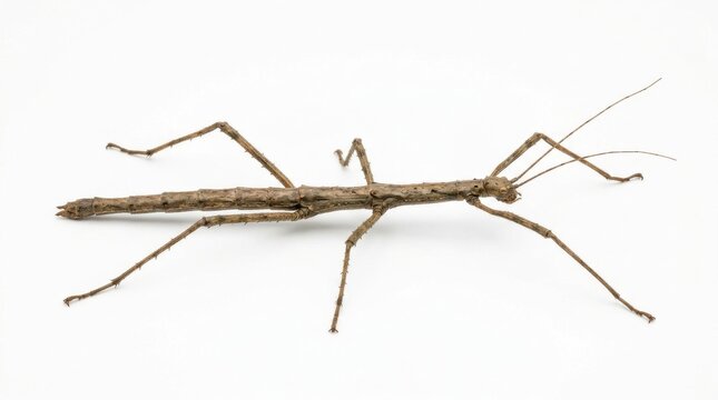 Brown stick insect walking bug isolated on white background