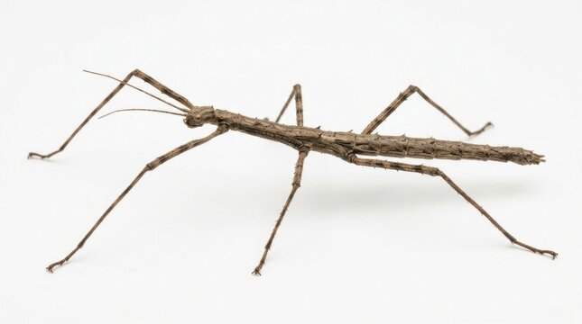 Detailed macro of a brown stick insect isolated on white background