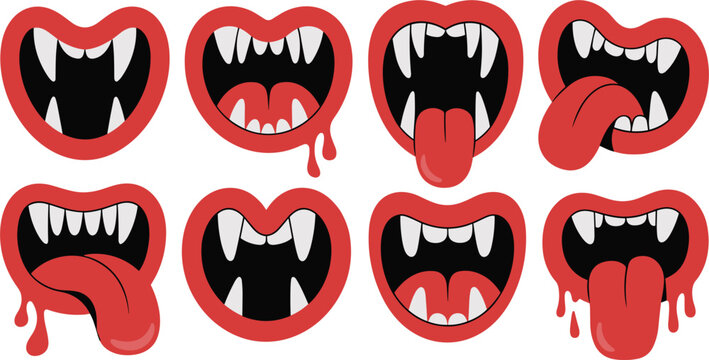 Scary vampire mouth collection, horror monster fangs for Halloween and spooky illustration design projects vector
