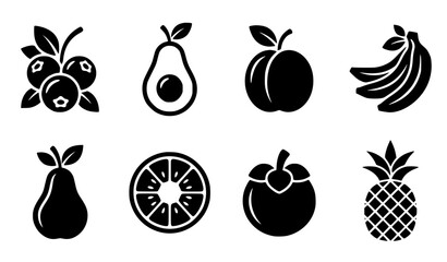 Fresh organic tropical orchard fruit and berry black silhouette vector icon set isolated on white background © Mokbul