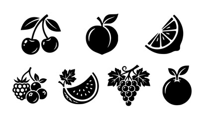 Fresh organic orchard berry and citrus fruit black silhouette vector icon set isolated on white background © Mokbul