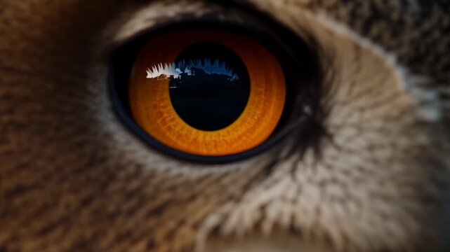 Eurasian eagle owl perched on wooden log in forest. Majestic nocturnal bird of prey staring intensely at camera in golden sunlight.