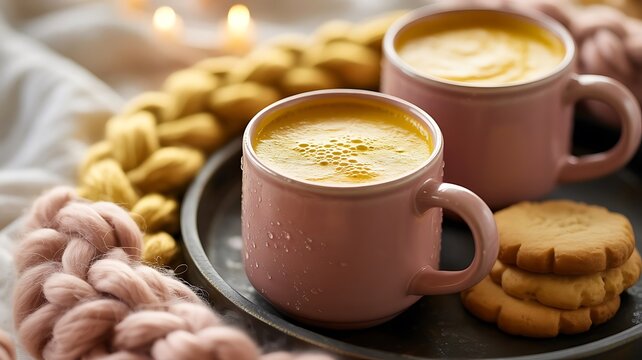 Two pink mugs filled with warm golden turmeric latte served with cookies on a tray with a soft knitted blanket for a cozy morning atmosphere