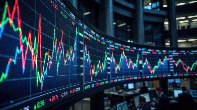 Several large LED screens display complex stock market charts with fluctuating red, green, and blue lines. The screens are arranged in a curved row, reflecting the activity of a trading floor.