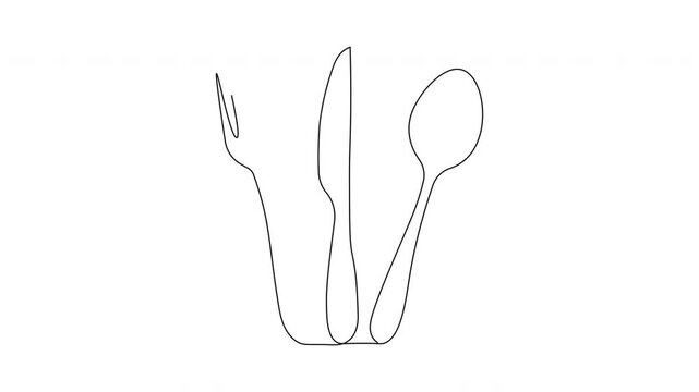 Minimal continuous line drawing of cutlery fork knife and spoon clip.